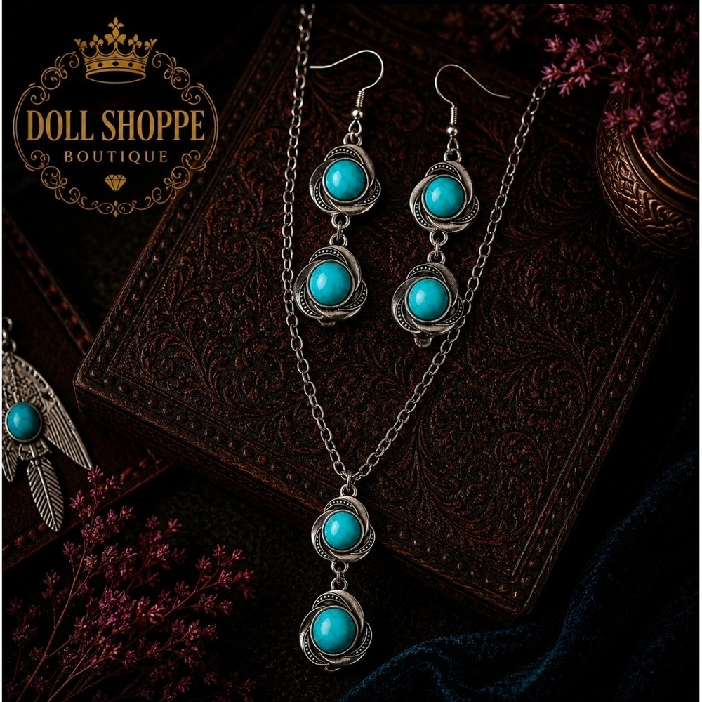 Turquoise Orbit Drop Necklace & Earrings Set